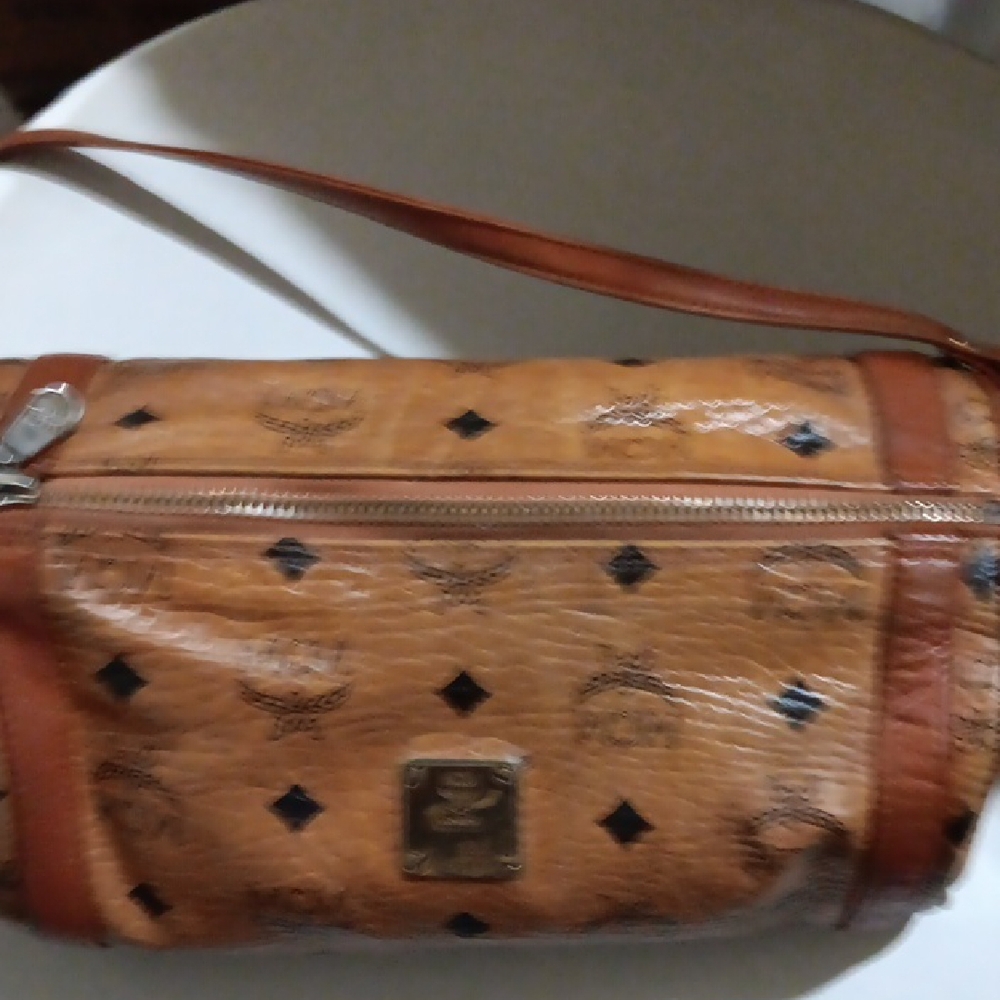 MCM Cognac Crossbody Barrel Bag with Logo Pattern EUC - Picture 5 of 13